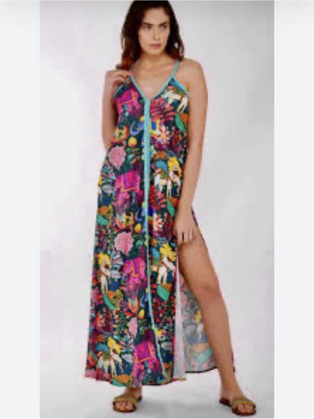 America & Beyond Women’s Halter Maxi Dress Elephant Tropical Boho Sz S Resort